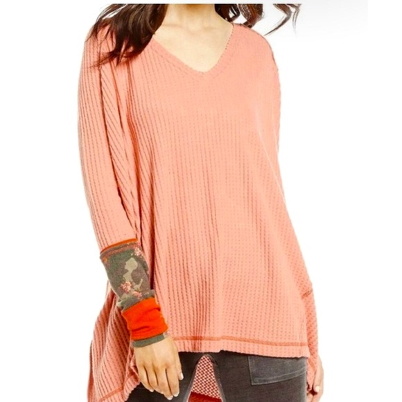 We The Free Tops - WE THE FREE Cozy thermal waffle knit leopard print cuff thermal top Orange XS